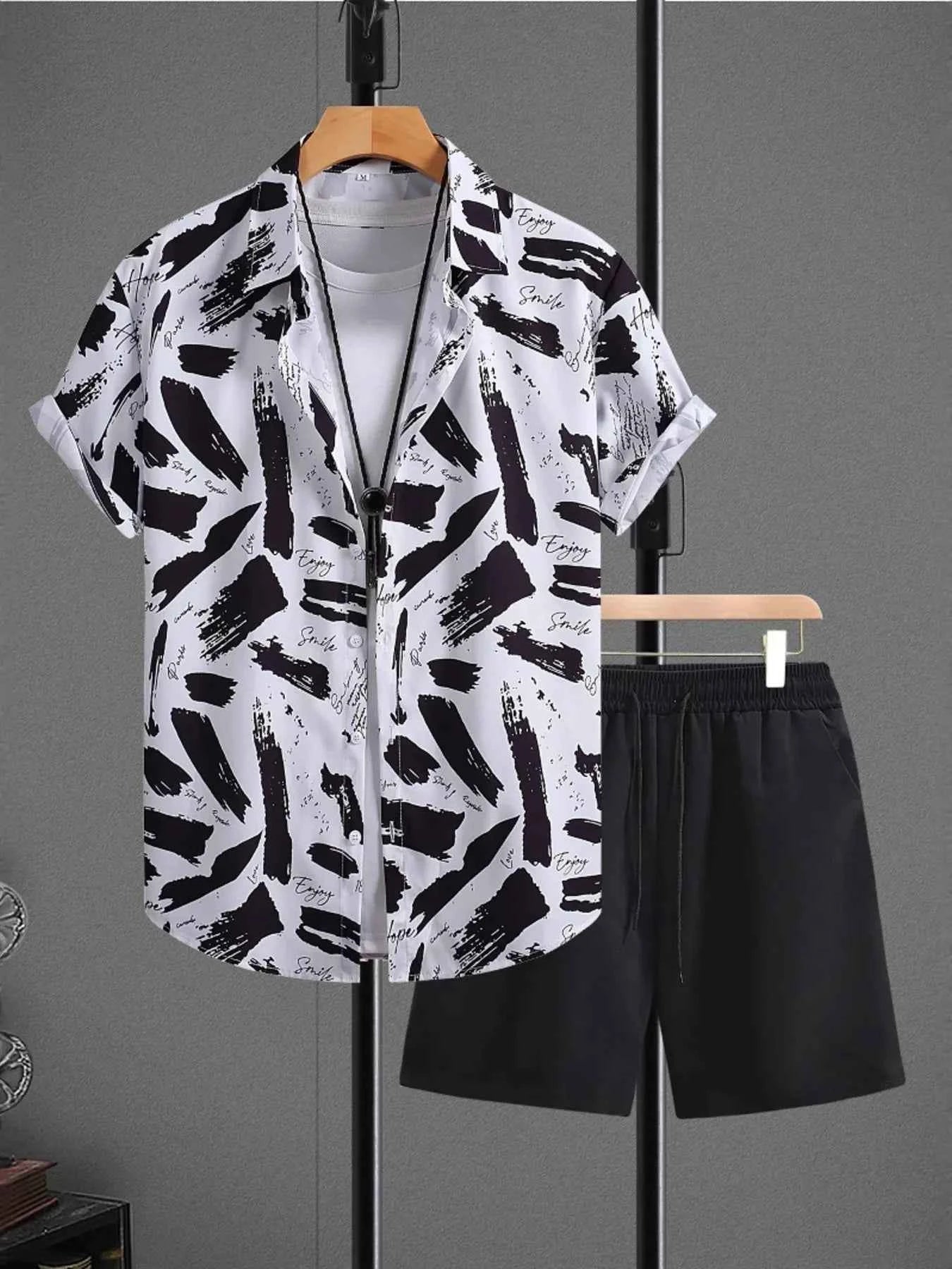 Men's Printed Button Up Shirt and Shorts Set