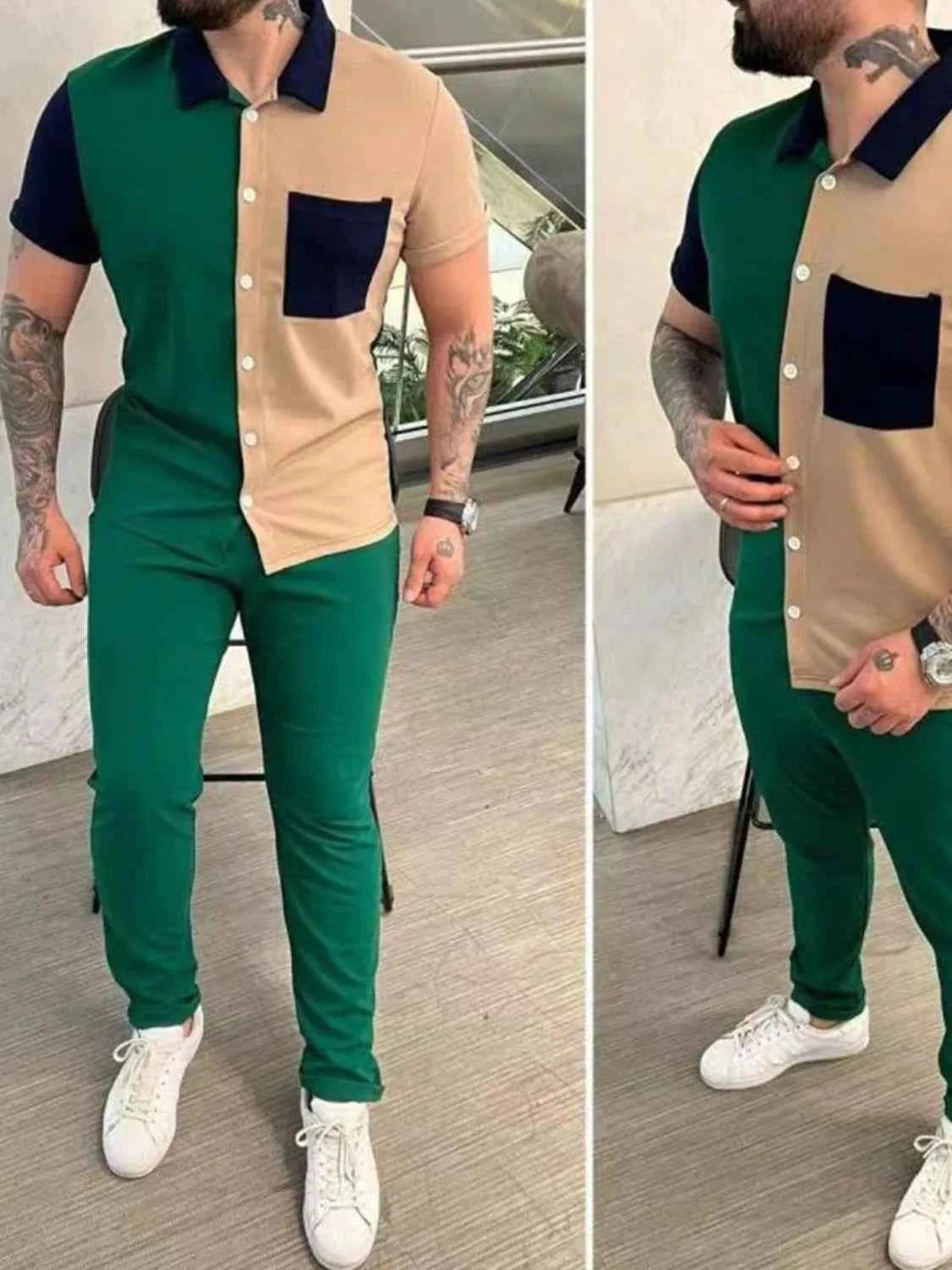 Men's Full Size Button Up Short Sleeve Top and Pants Set Plus Size