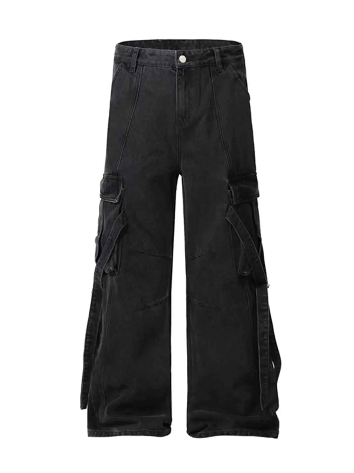 Men's Cargo Wide Leg Jeans with Multiple Pockets