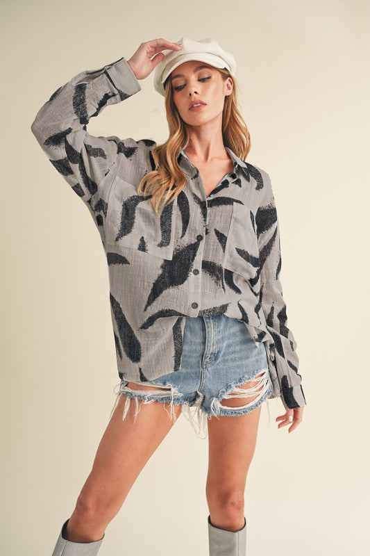 Aemi + Co High-Low Printed Button Up Long Sleeve Shirt - Damned Threads