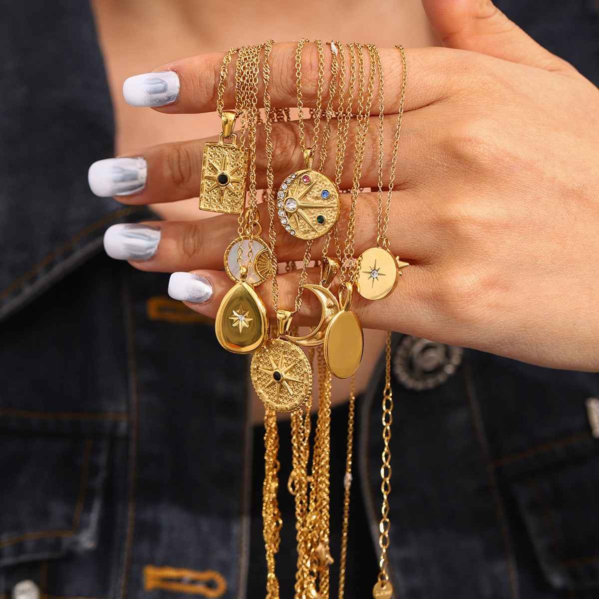 18K Gold Moon And Star Inlaid Gemstone Necklace - Damned Threads