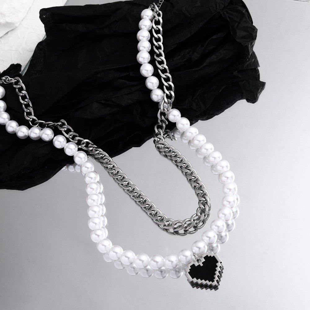 Double-Layer Chain & Pearl Heart Pendant Necklace - Damned Threads