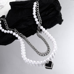 Double-Layer Chain & Pearl Heart Pendant Necklace - Damned Threads