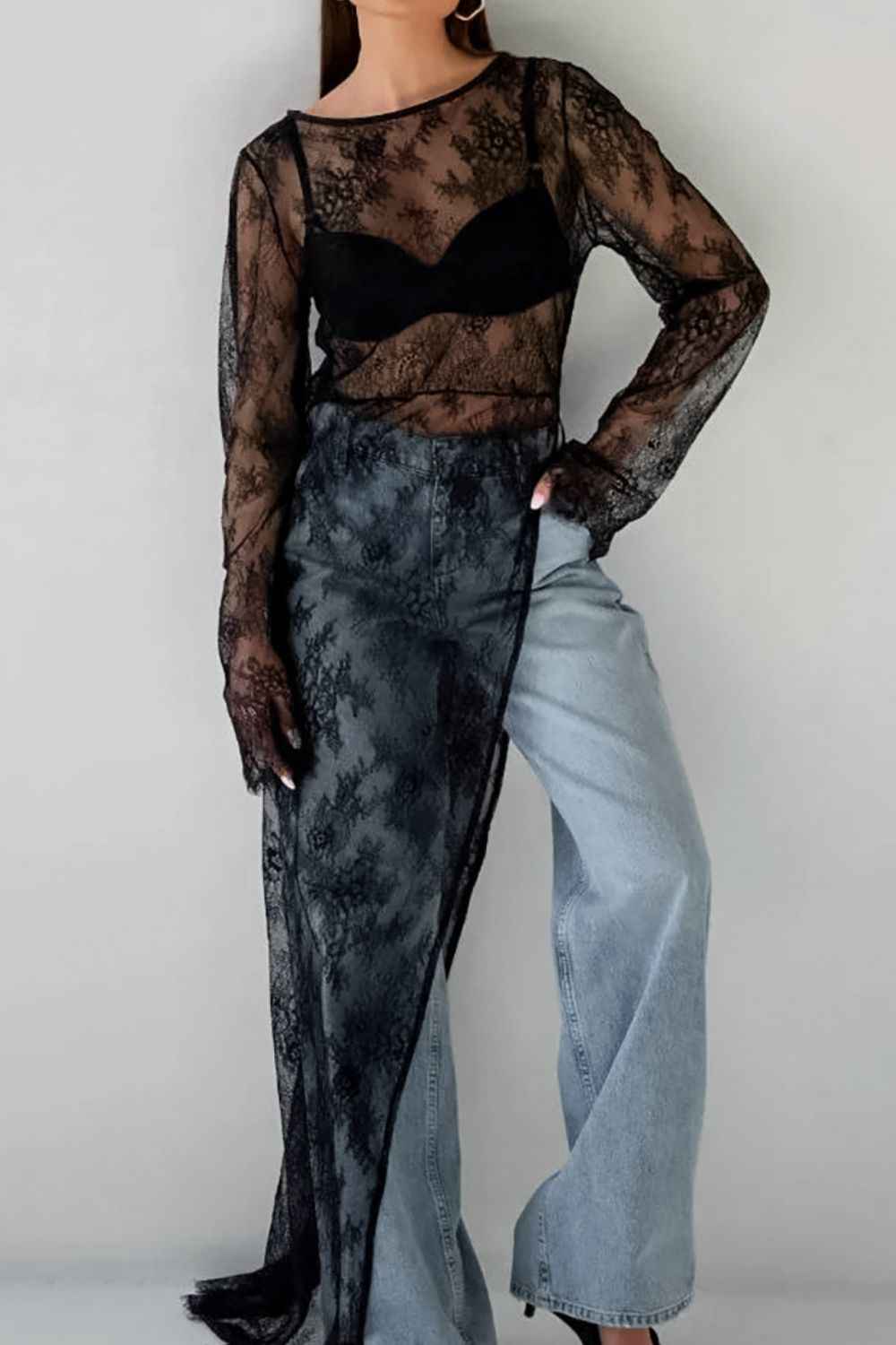 Fringe Round Neck Long Sleeve Lace Sheer Top - Damned Threads