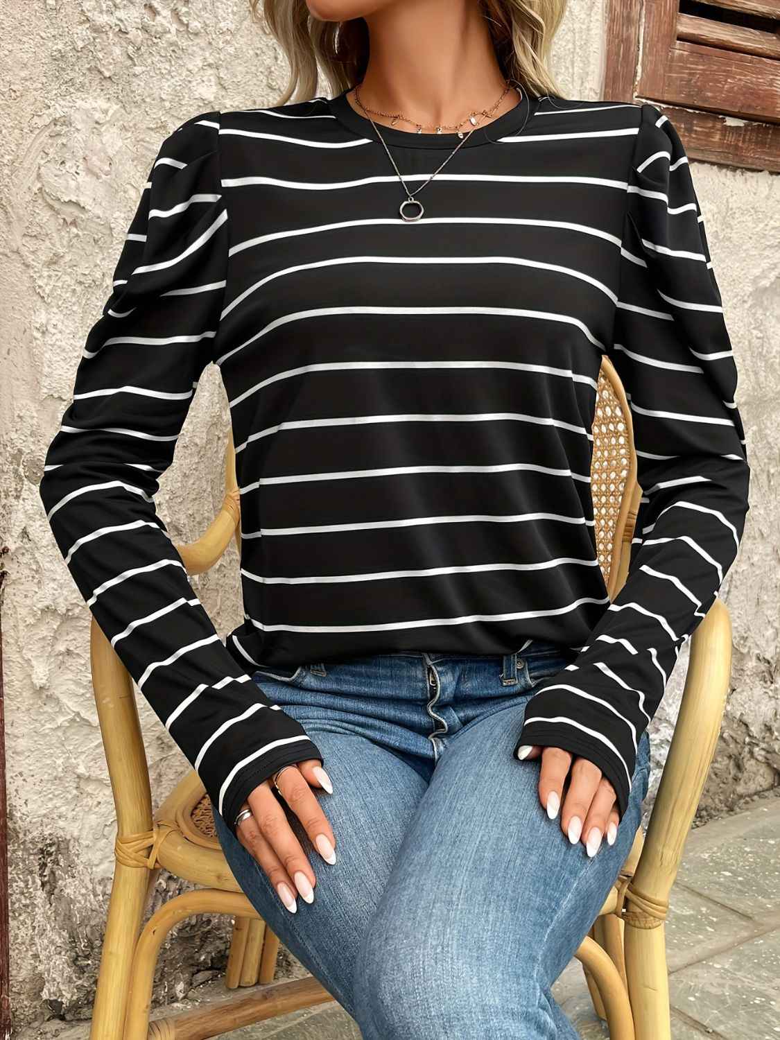 Full Size Striped Round Neck Puff Sleeve T-Shirt - Damned Threads