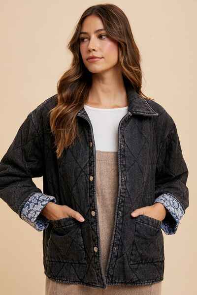 Annie Wear Quilted Printed Lining Snap Down Denim Jacket - Damned Threads