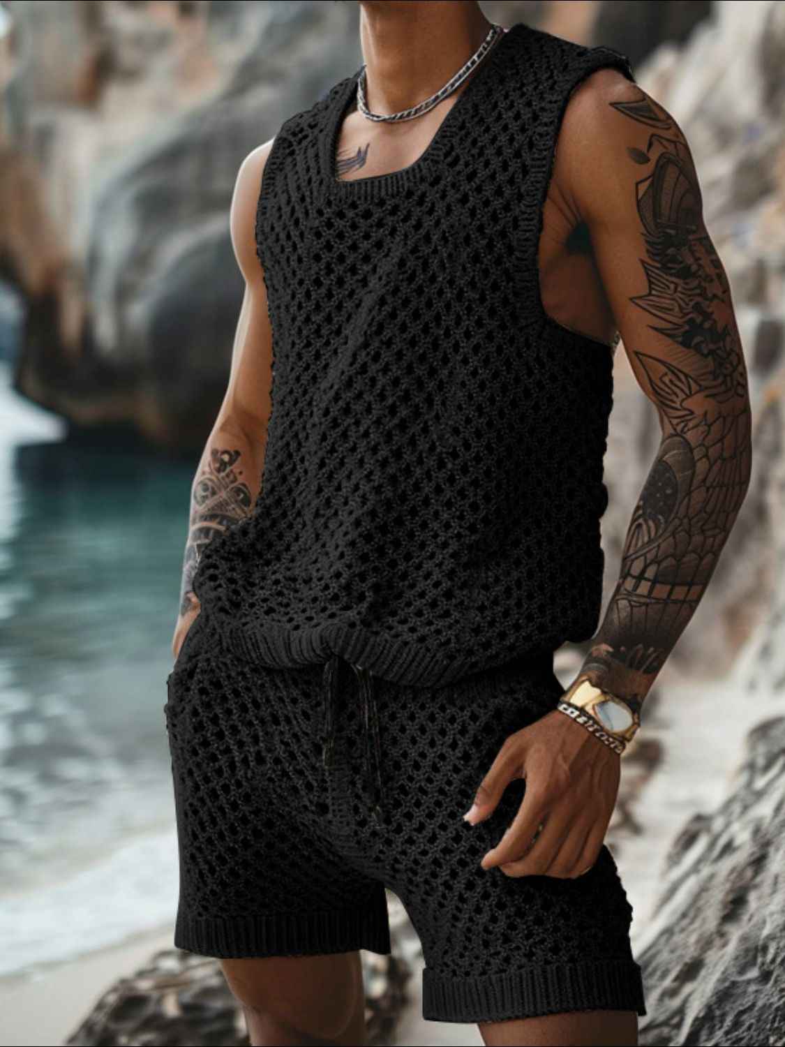 Men's Plus Size Hollow Out Round Neck Tank and Shorts Set - Damned Threads