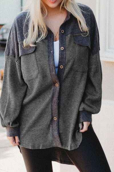 Waffle Knit Button Up Drop Shoulder Jacket - Damned Threads