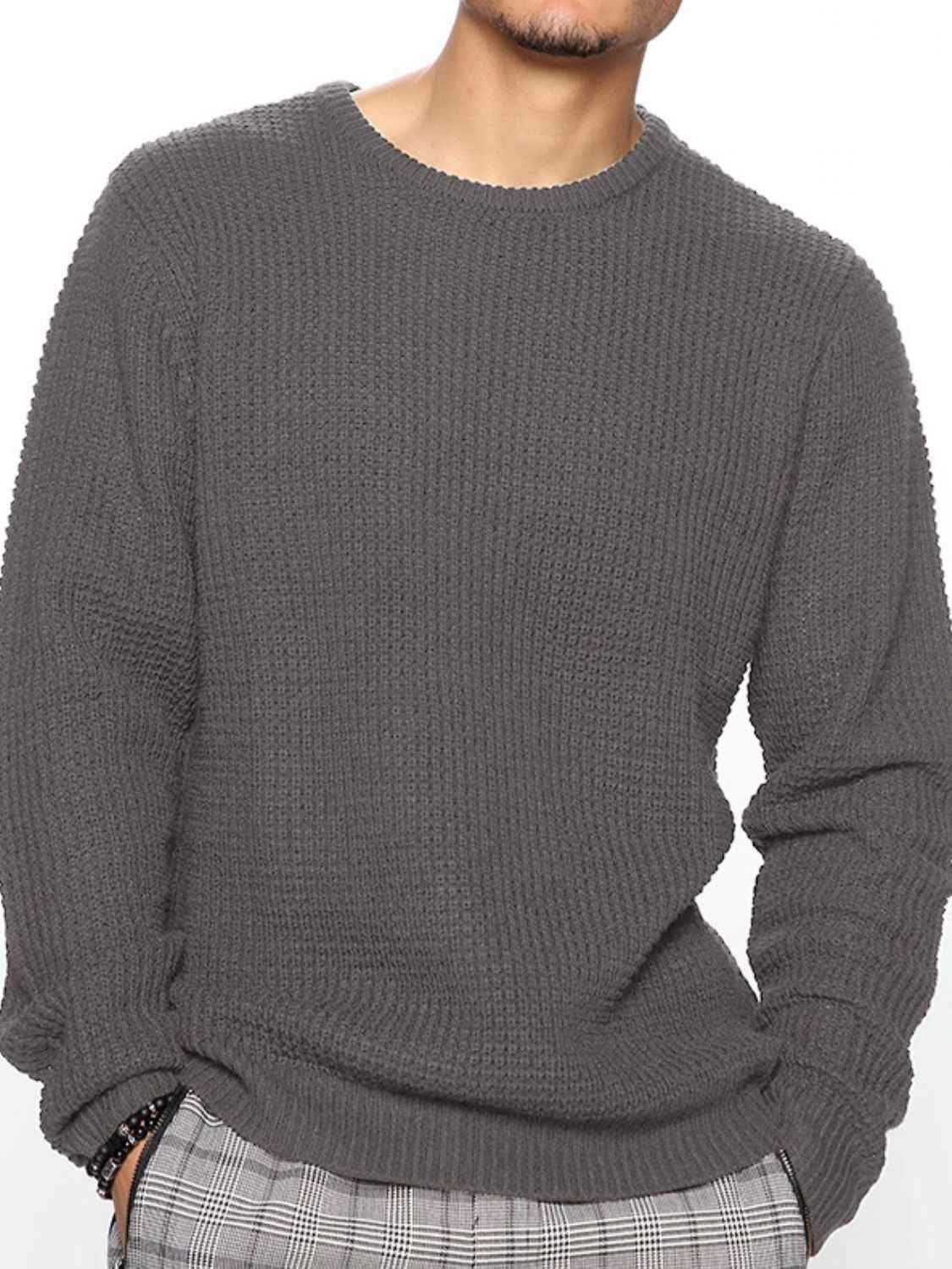 Men's Full Size Round Neck Long Sleeve Sweater Plus Size - Damned Threads