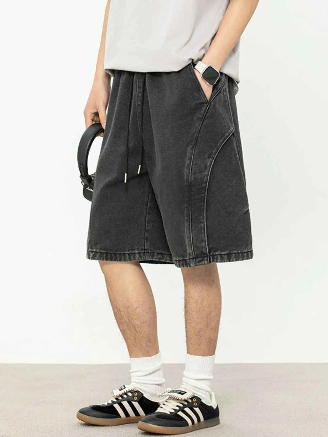 Men's Plus Size Drawstring Denim Shorts with Stitching Detail