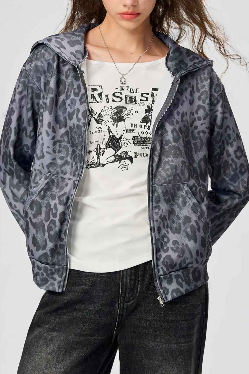 Pocketed Leopard Zip Up Hooded Jacket - Damned Threads