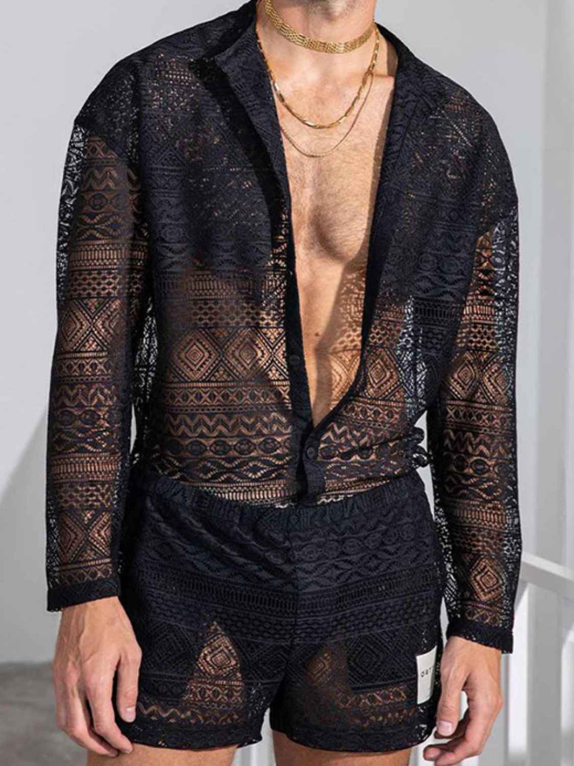Men's Full Size Lace Button Down Top and Shorts Set Plus Size - Damned Threads