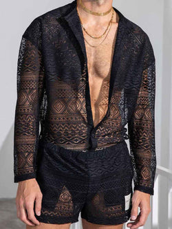 Men's Full Size Lace Button Down Top and Shorts Set Plus Size - Damned Threads