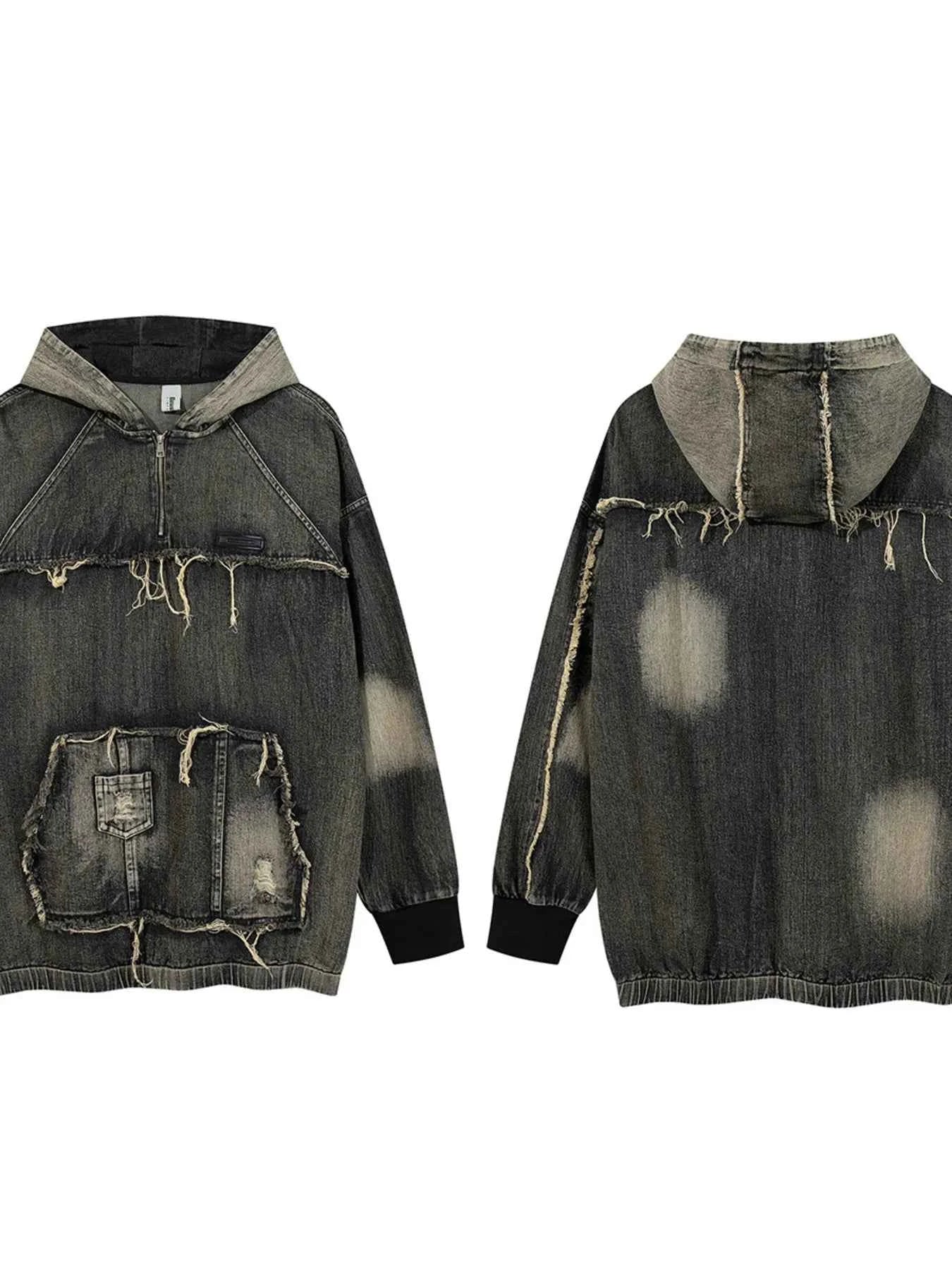 Men's Distressed Denim Patchwork Oversized Hoodie with Frayed Details