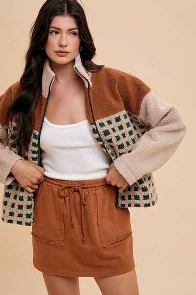 Annie Wear Plaid Zip Up Drop Shoulder Sherpa Jacket - Damned Threads