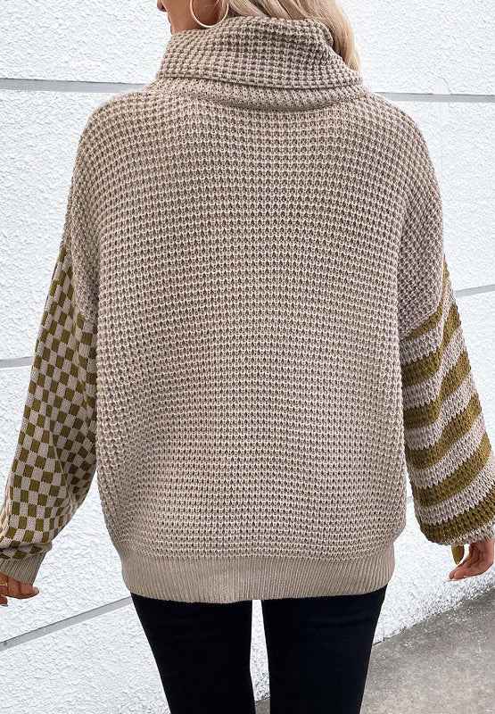 Striped & Checkered Turtleneck Dropped Shoulder Sweater - Damned Threads