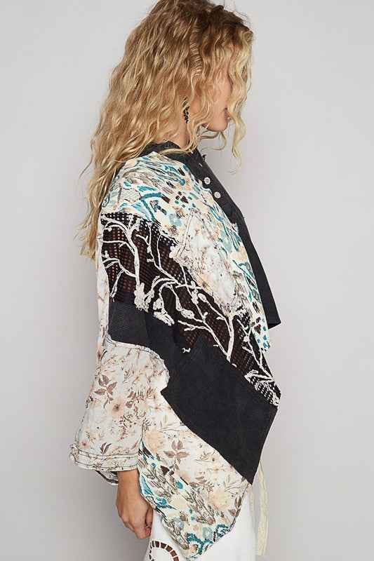 Crochet Patch Lace Detail Button Detail Floral Hooded Top - Damned Threads