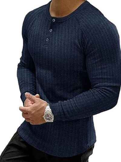 Men's Full Size Ribbed Round Neck Long Sleeve T-Shirt Plus Size - Damned Threads