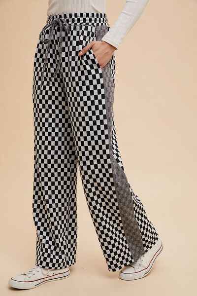 Annie Wear Drawstring Checkered Wide Leg Pants - Damned Threads