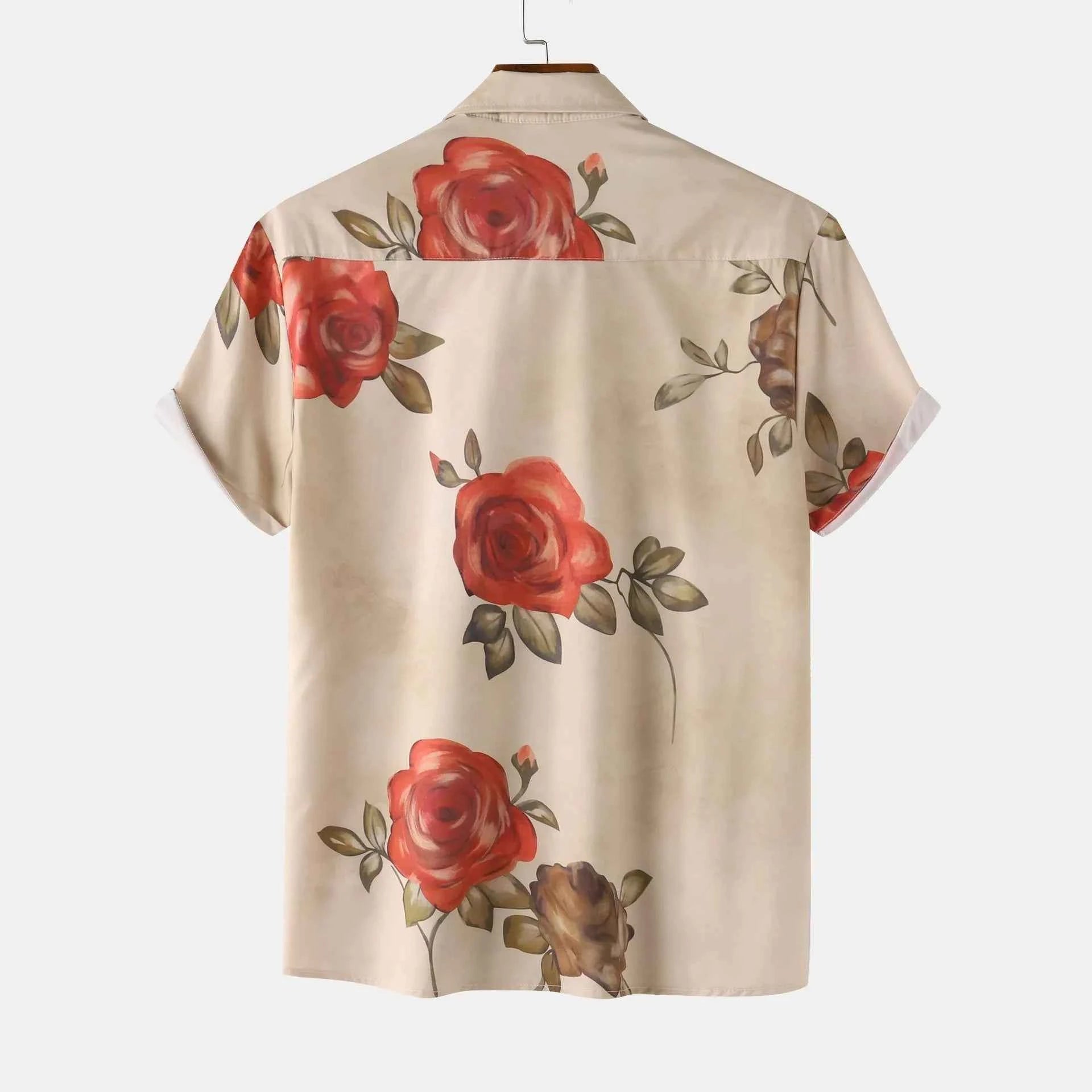 Men's Rose Print Short Sleeve Button Down Shirt