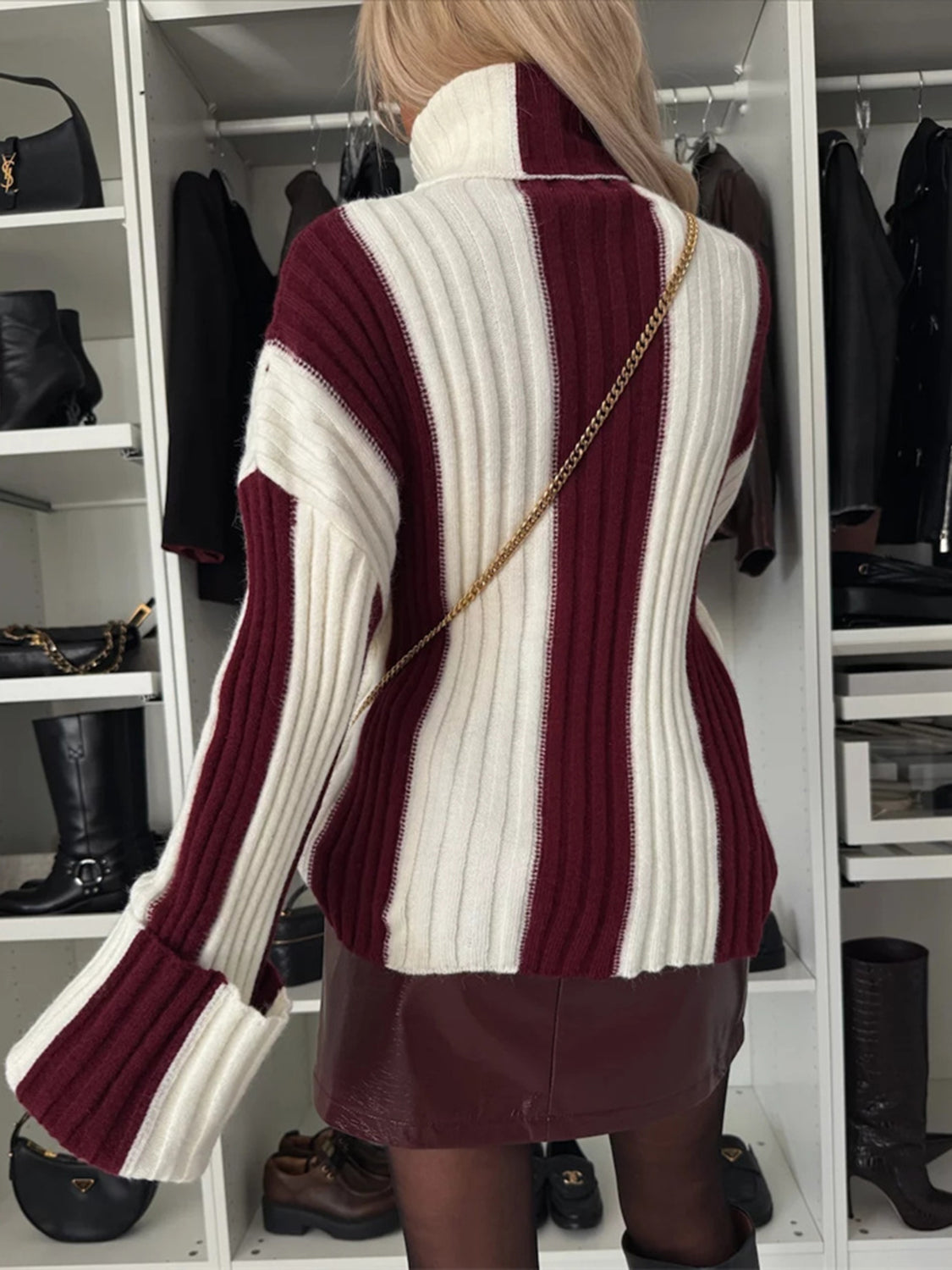 Striped Turtleneck Dropped Shoulder Sweater - Damned Threads