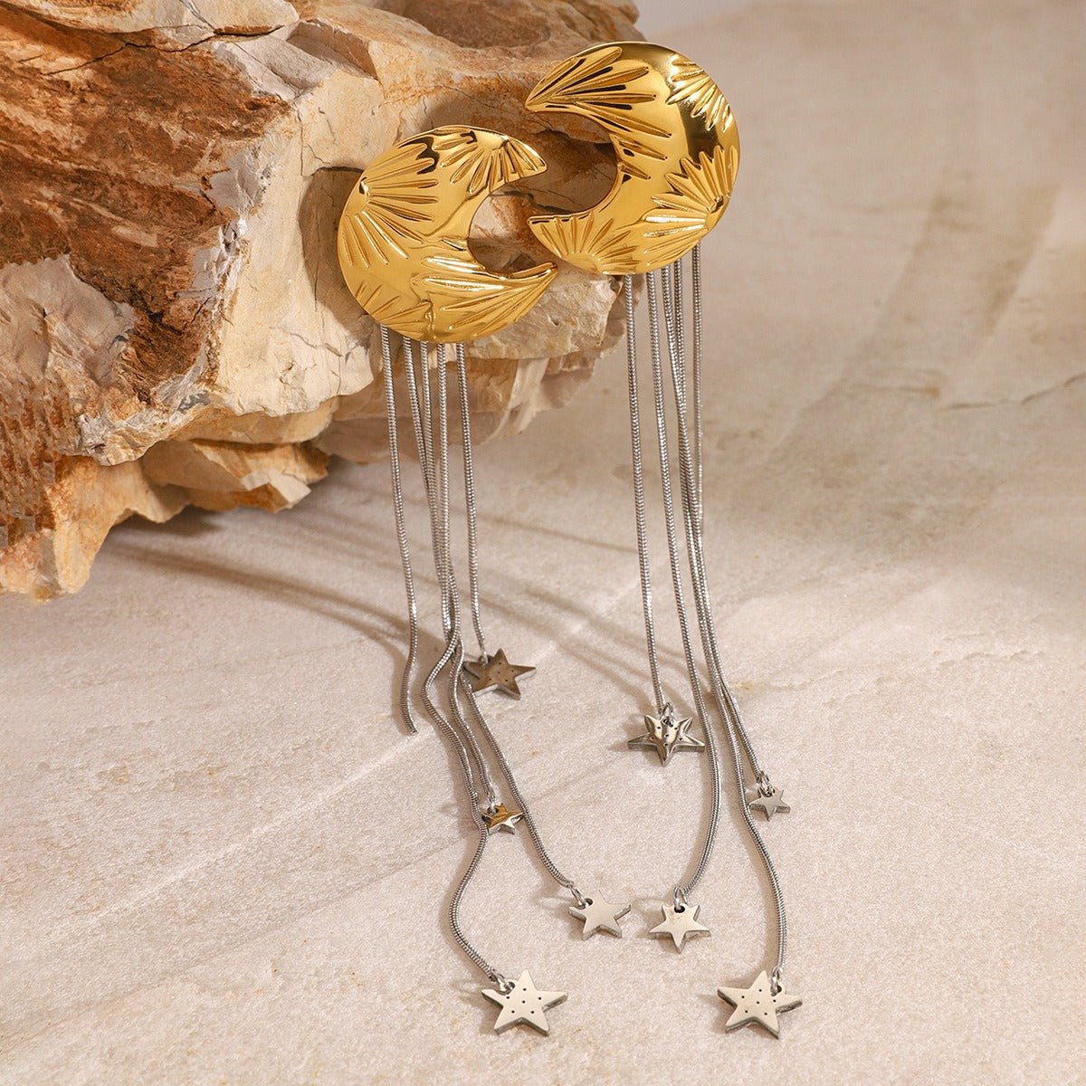 18K Gold Moon & Star Earrings With Star Tassels - Damned Threads
