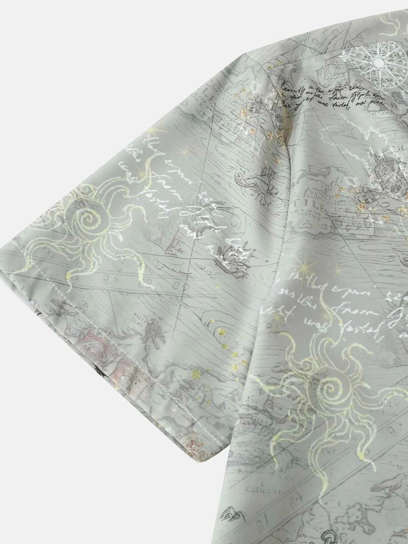 Men's Vintage Map Print Short Sleeve Button Down Shirt