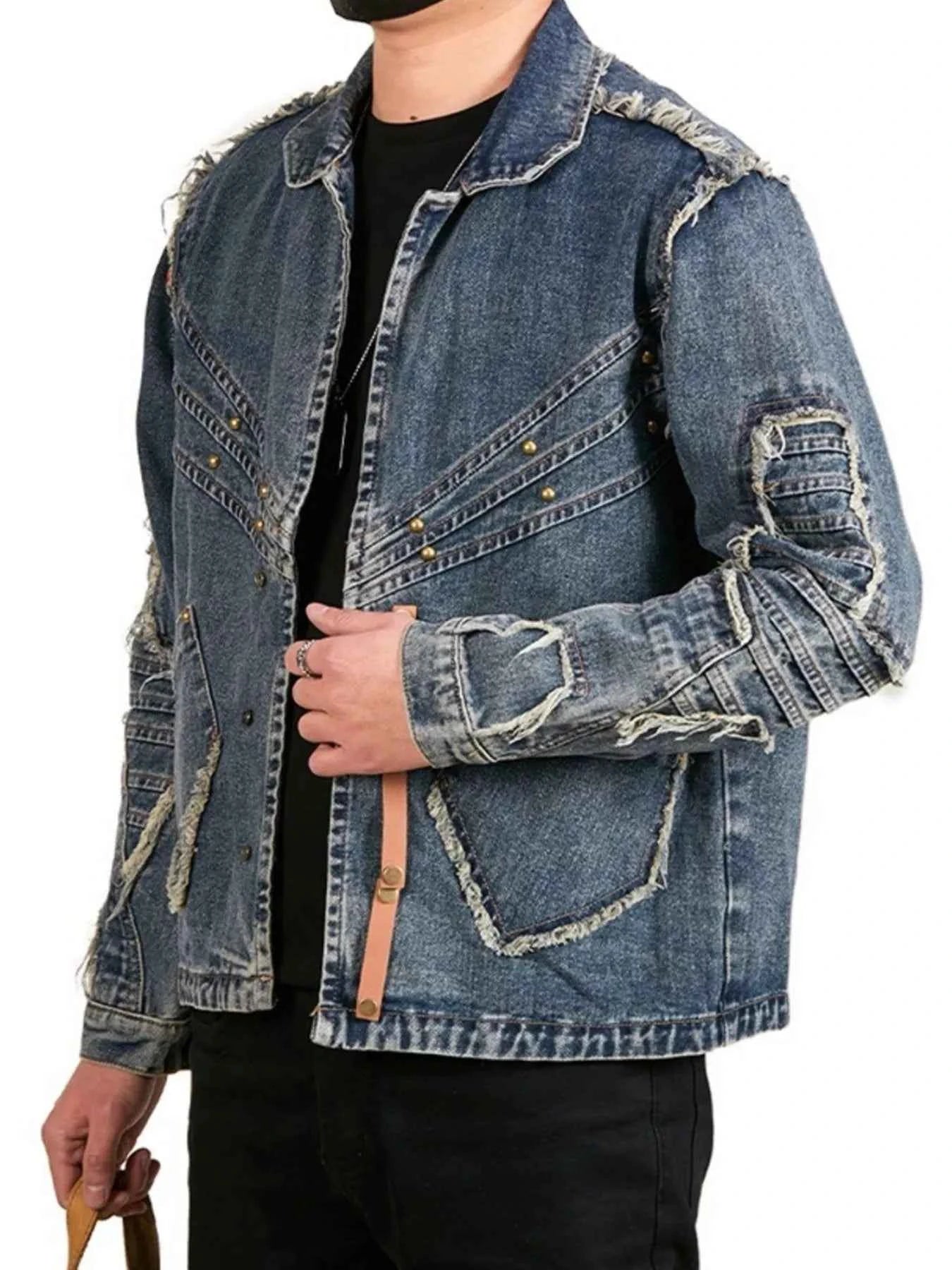 Men's Plus Size Studded Denim Jacket with Frayed Details
