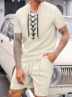 Men's Full Size Lace-Up Waffle Knit Top and Shorts Set Plus Size - Damned Threads