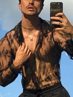 Men's Full Size Lace Long Sleeve Sheer Shirt Plus Size - Damned Threads
