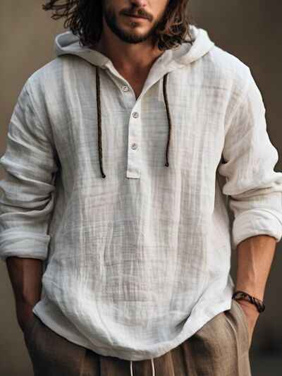 Men's Full Size Half Button Long Sleeve Hoodie - Damned Threads