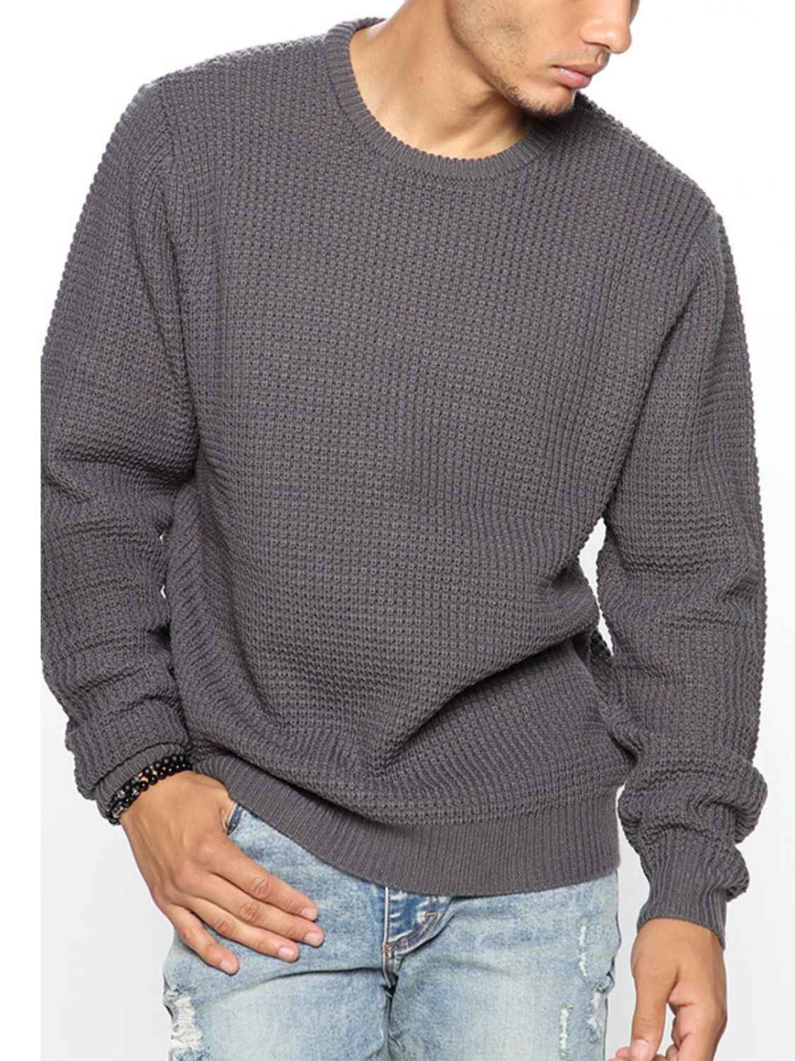 Men's Full Size Round Neck Long Sleeve Sweater Plus Size - Damned Threads