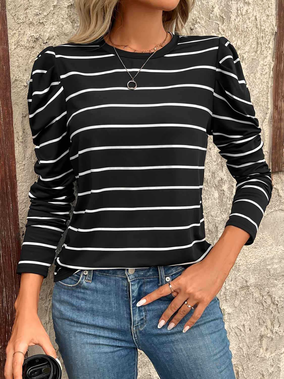 Full Size Striped Round Neck Puff Sleeve T-Shirt - Damned Threads