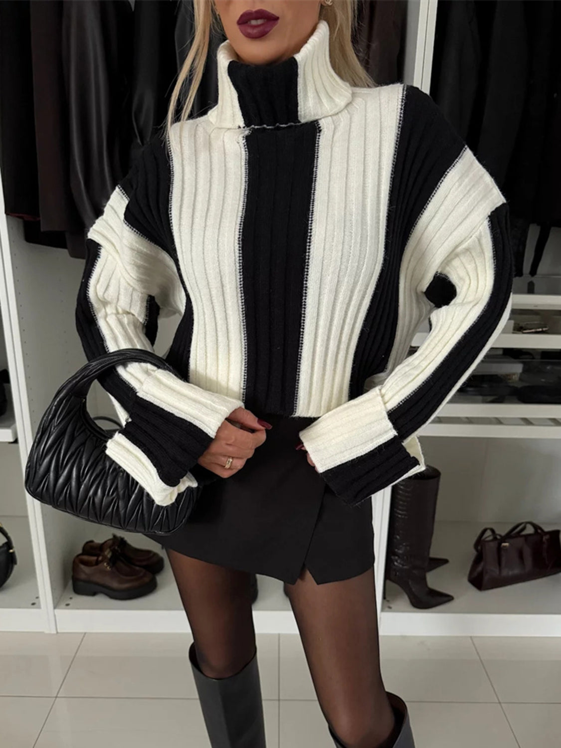 Striped Turtleneck Dropped Shoulder Sweater - Damned Threads