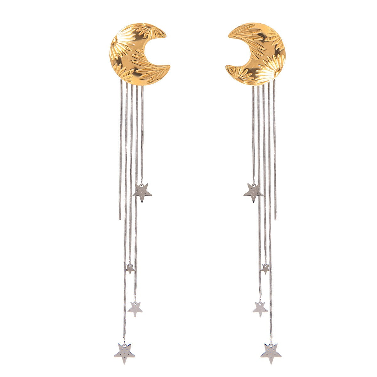 18K Gold Moon & Star Earrings With Star Tassels - Damned Threads