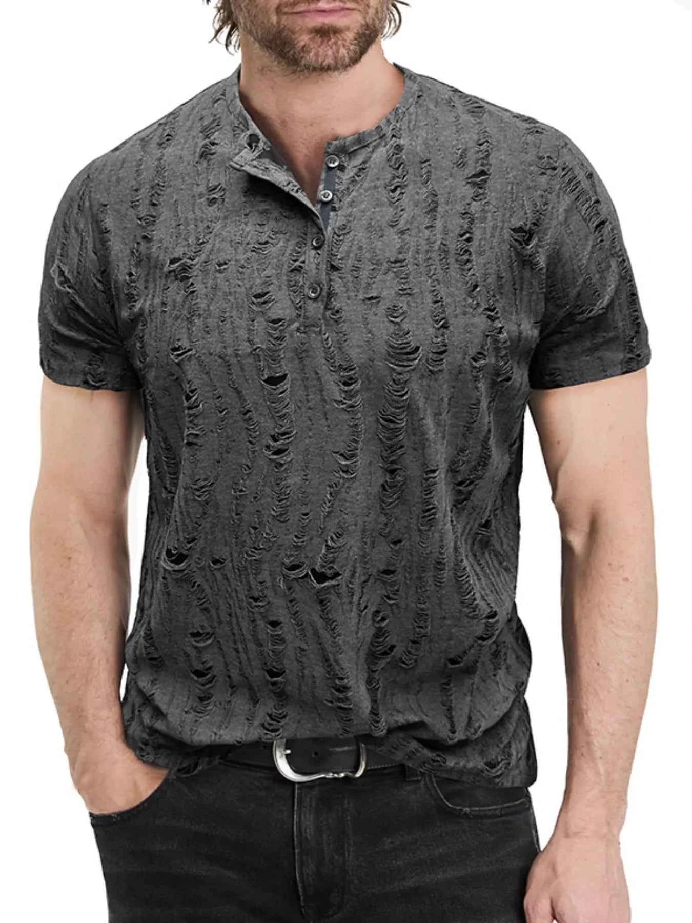 Men's Distressed Henley Short Sleeve Top