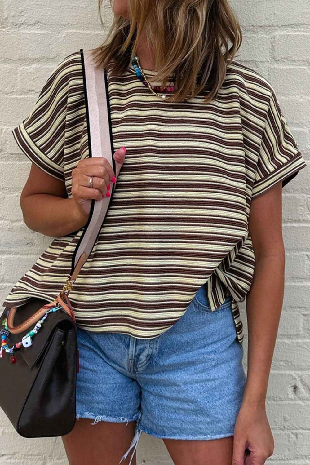 Stripe Textured Side Slit Crew Neck T-Shirt - Damned Threads