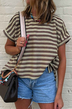Stripe Textured Side Slit Crew Neck T-Shirt - Damned Threads