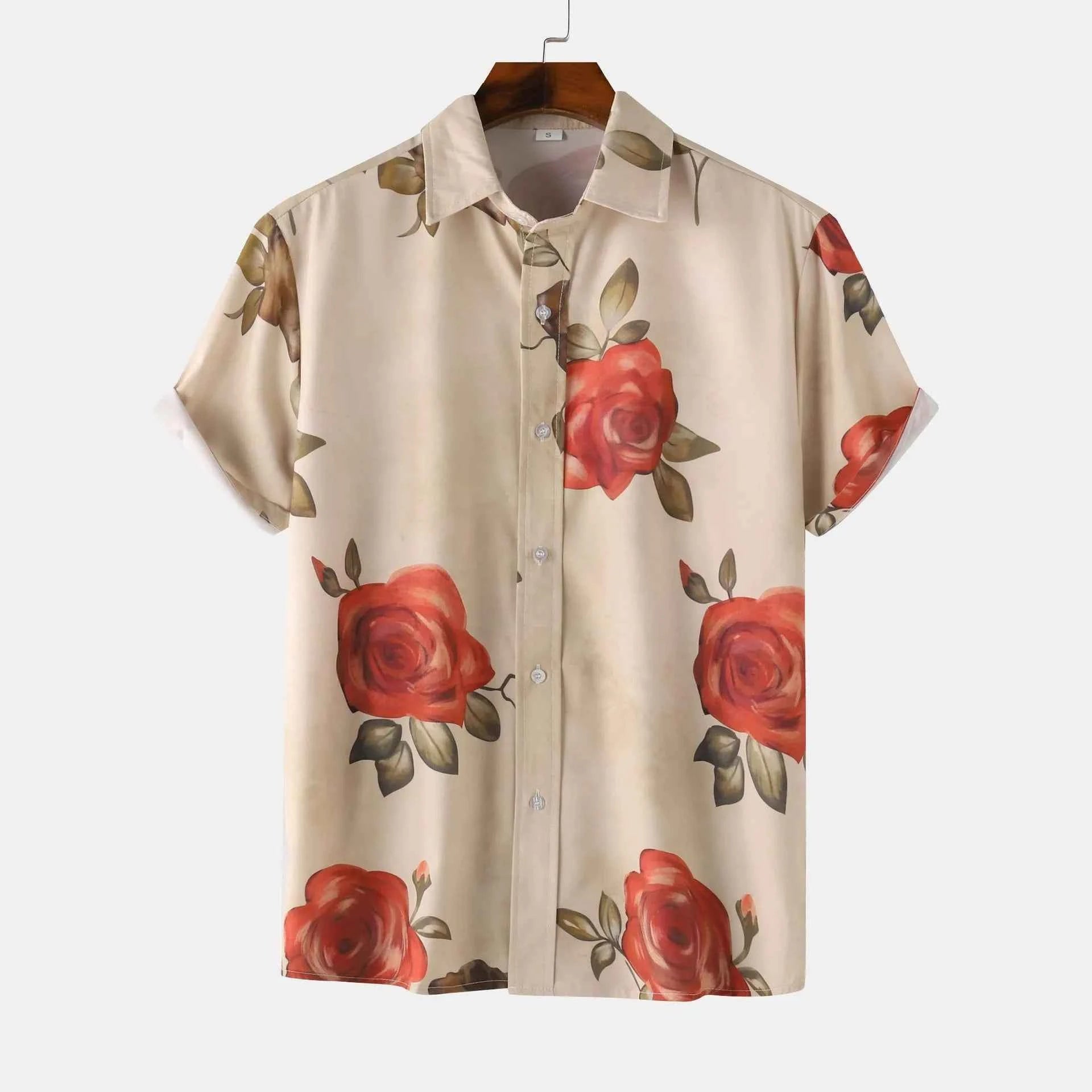 Men's Rose Print Short Sleeve Button Down Shirt