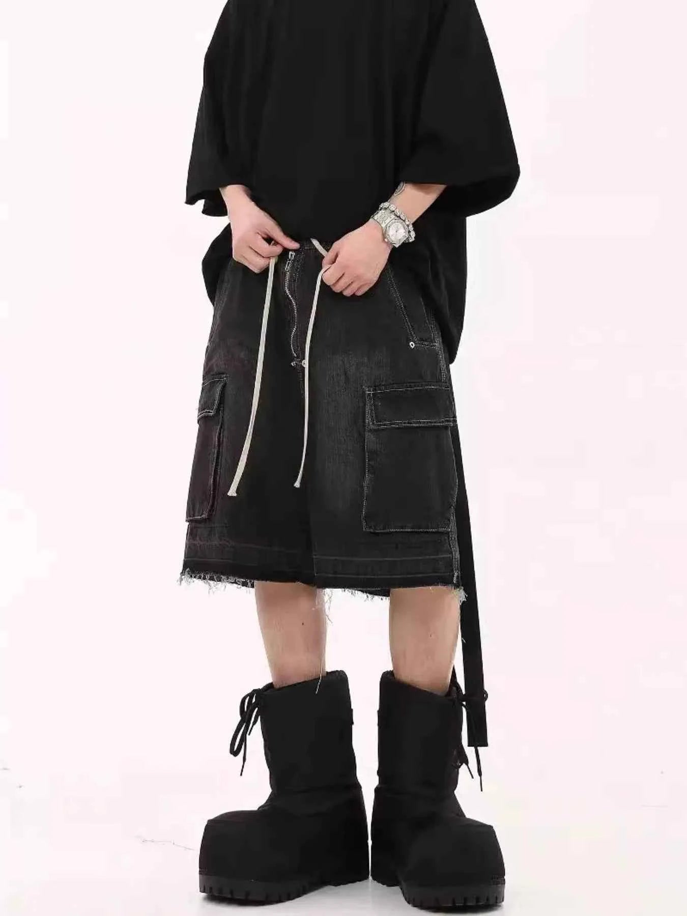 Men's Drawstring Cargo Denim Shorts with Zipper Detail