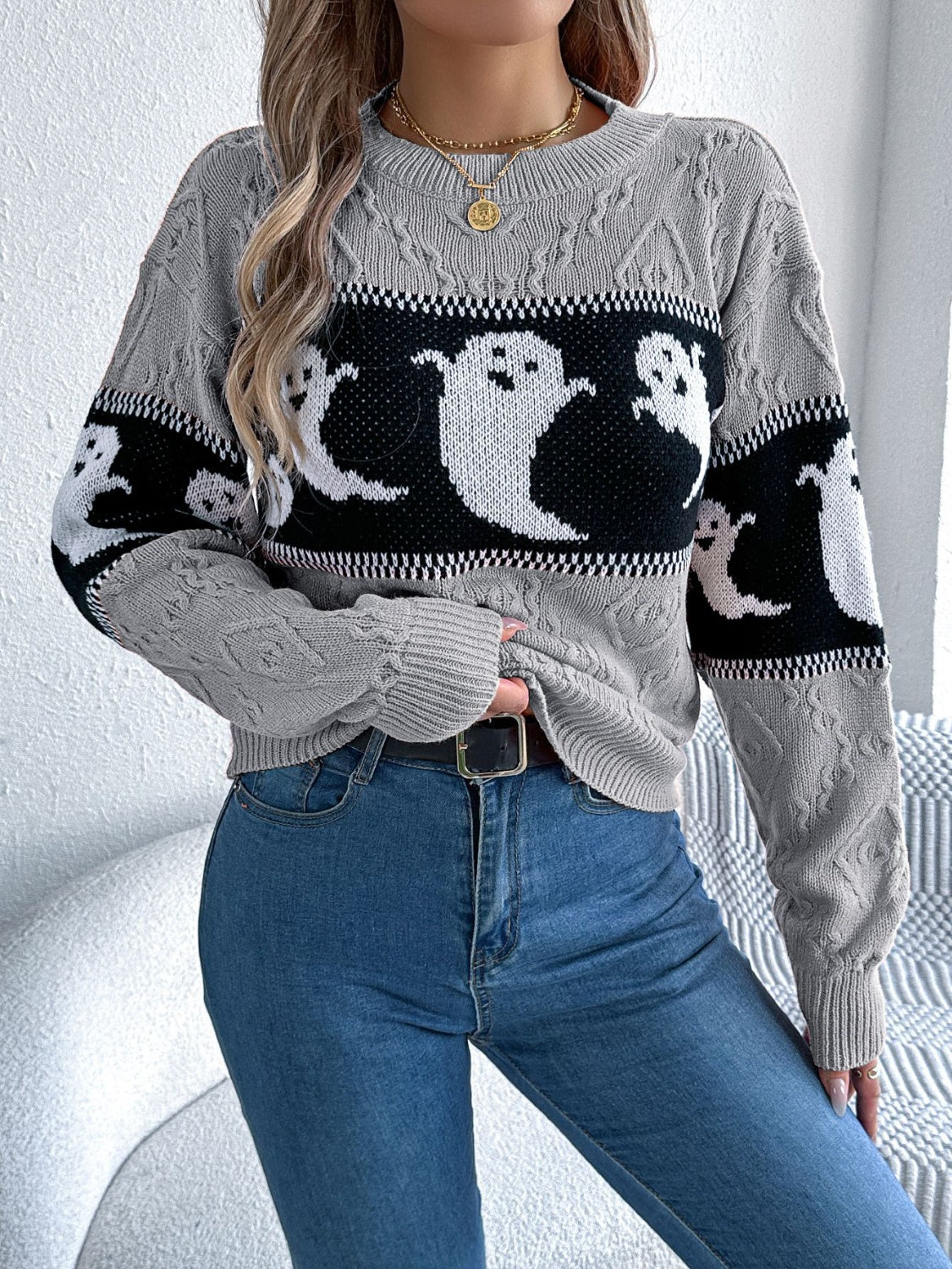 Ghost Round Neck Long Sleeve Sweater - Damned Threads