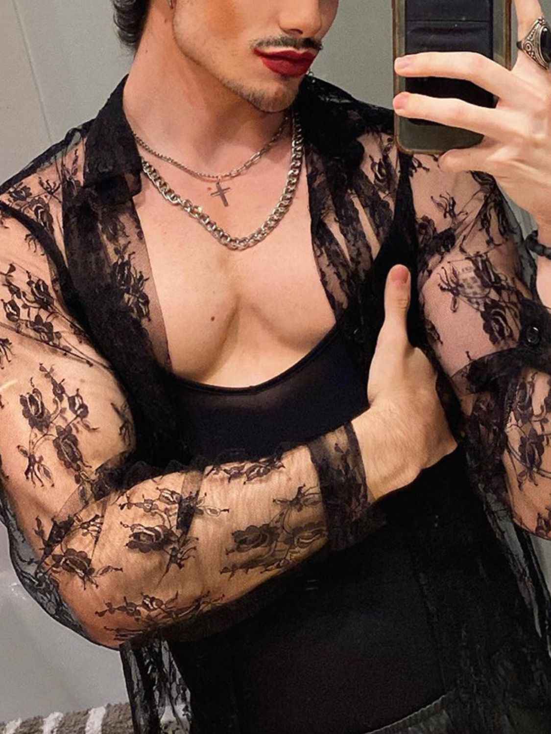 Men's Full Size Lace Long Sleeve Sheer Shirt Plus Size - Damned Threads