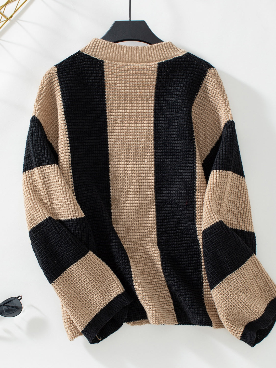 Waffle-Knit V-Neck Striped Long Sleeve Cardigan - Damned Threads
