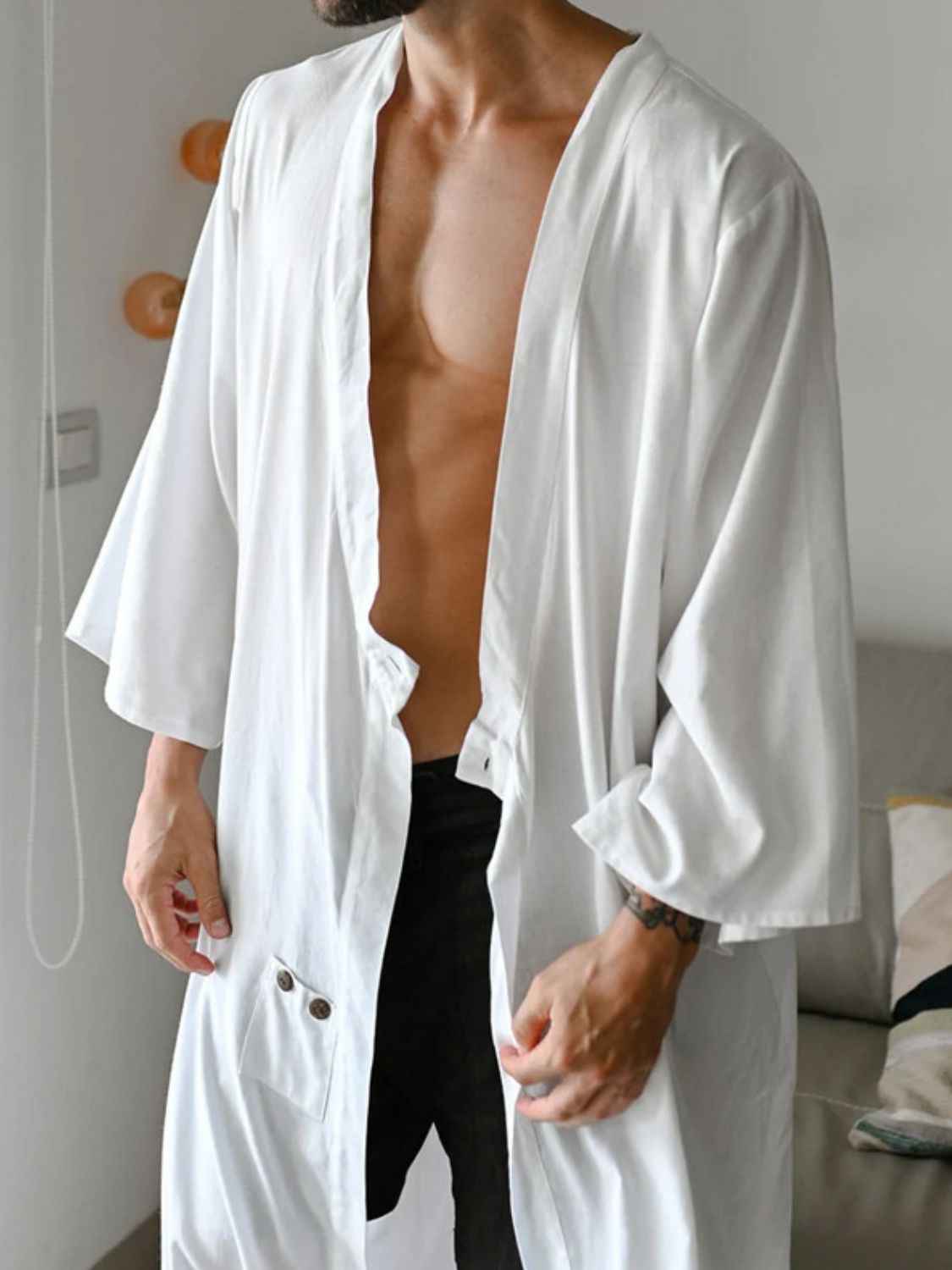 Men's Full Size Button Detail Long Sleeve Cover-Up Plus Size - Damned Threads