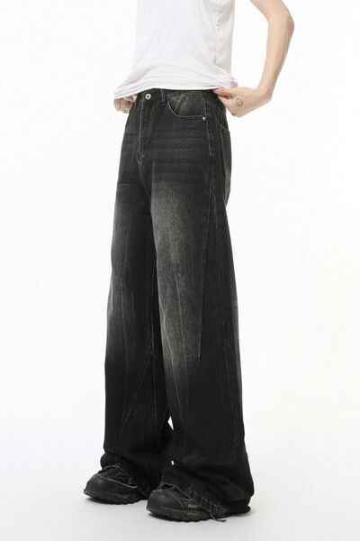 Washed Lightning Pattern Wide Leg Jeans - Damned Threads