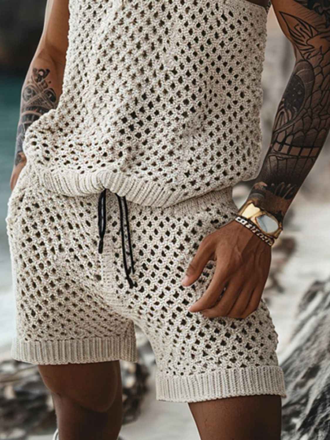 Men's Plus Size Hollow Out Round Neck Tank and Shorts Set - Damned Threads