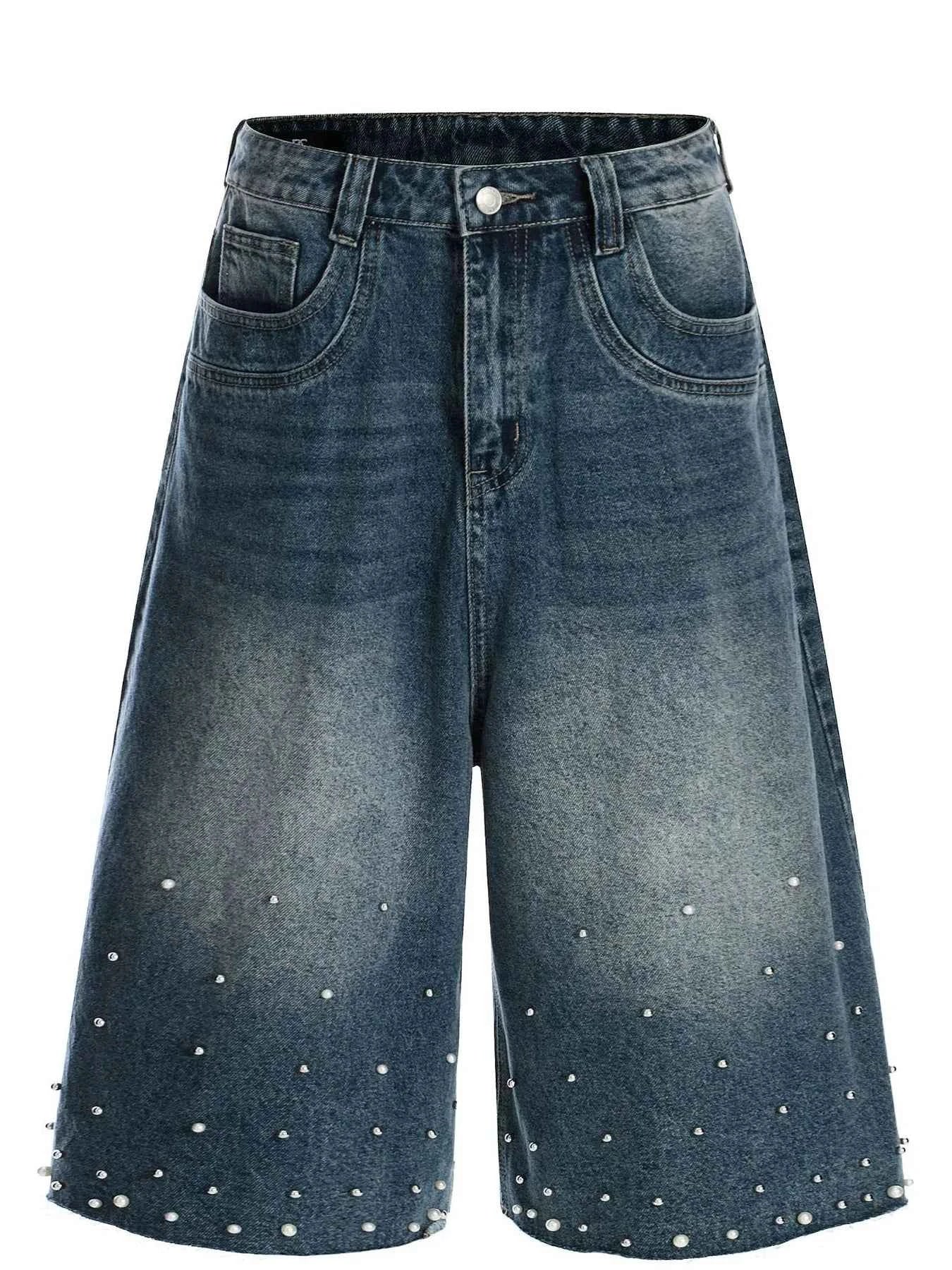 Men's Pearl Embellished Wide Leg Denim Shorts
