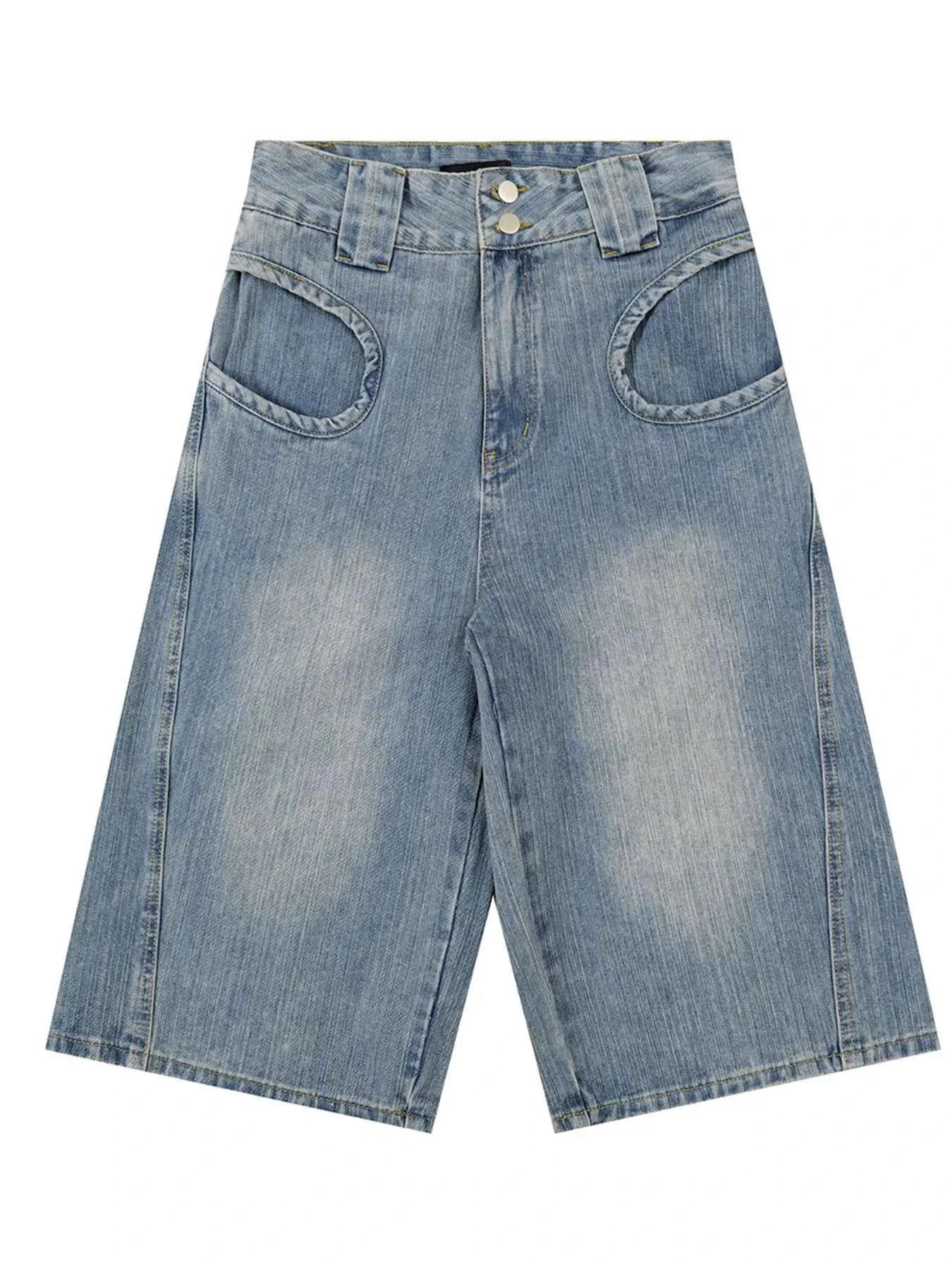 Men's Washed Denim Bermuda Shorts with Curved Pocket Detail