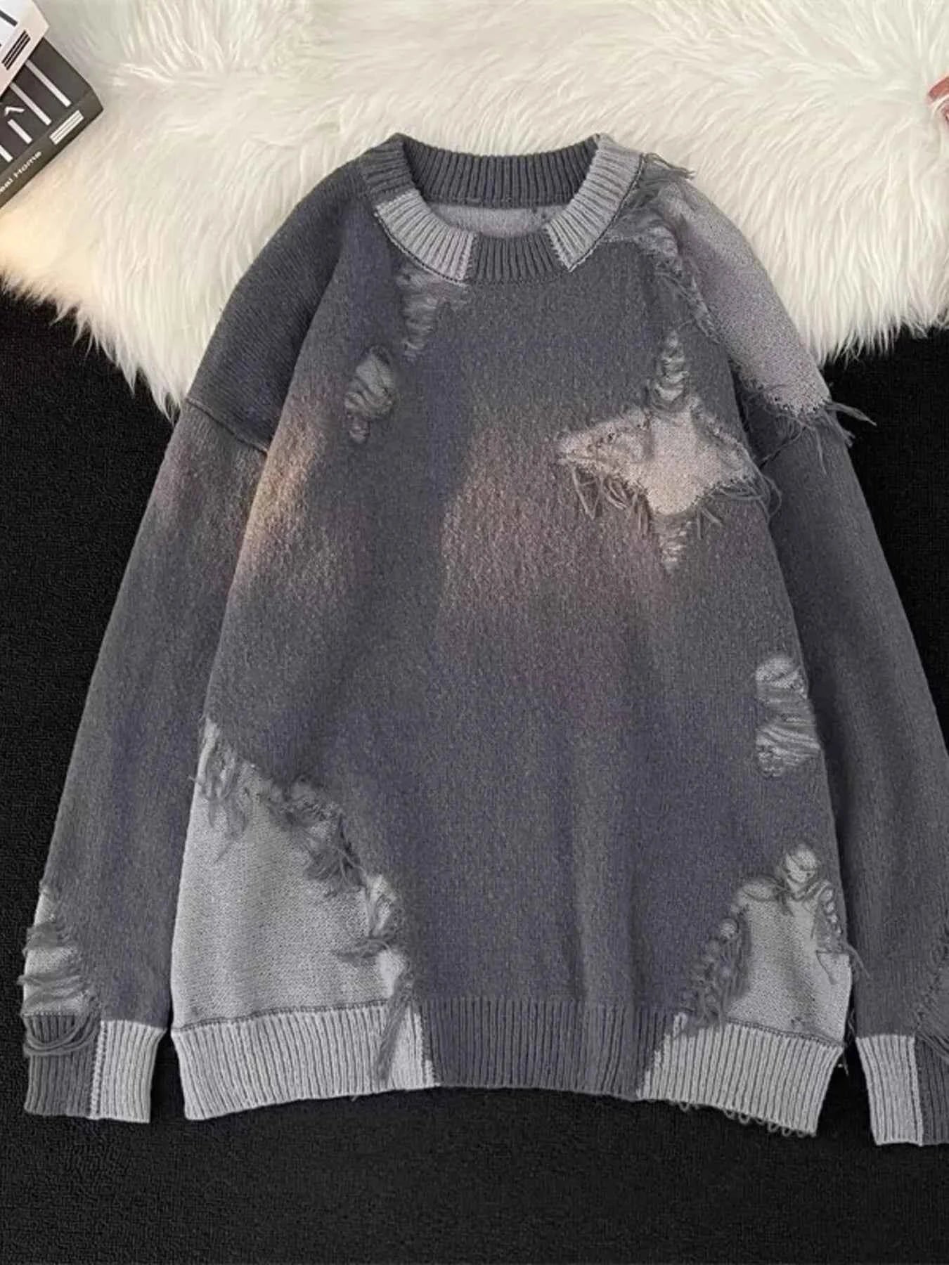 Men's Plus Size Distressed Round Neck Long Sleeve Sweater