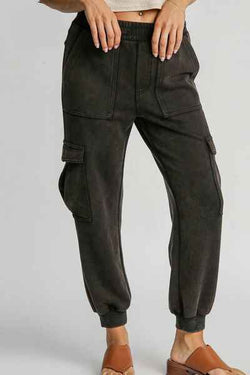 Umgee Full Size Mineral Washed Elastic Waist Cargo Pants Plus Size - Damned Threads